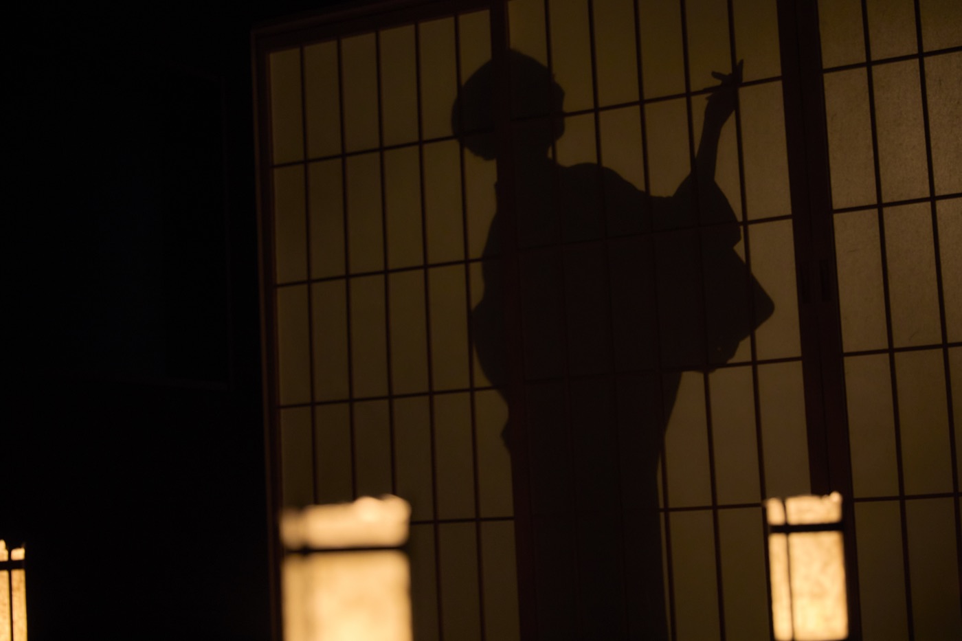Geiko dancing in silhouette behind a shoji screen